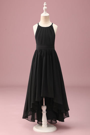 Noir Col Rond Une Ligne Haute Bas Junior Demoiselle d’honneur Robe avec Ceinture
